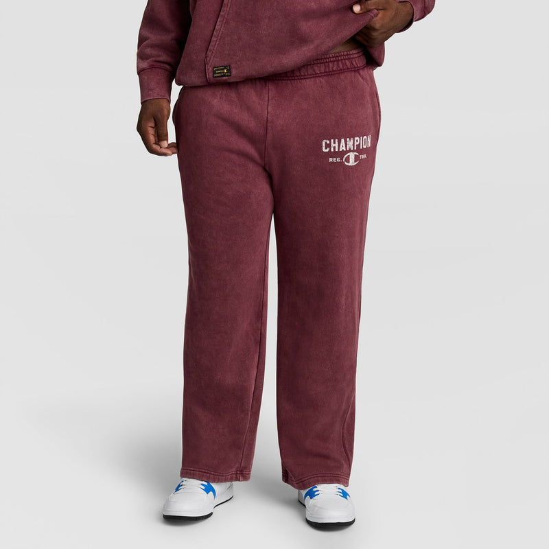 Maroon Champion Mineral Wash Open Hem Pant with an open hem and the text CHAMPION printed on the left thigh.