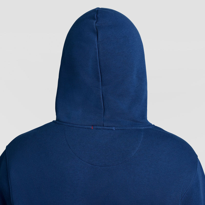 Back view of a navy blue Champion Fleece Hoodie, Left Chest Graphic.