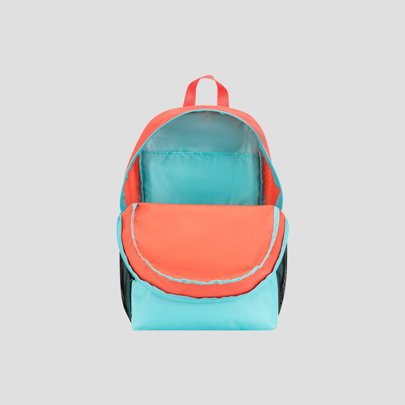 A Champion Kids’ Merit Backpack in coral and light blue is displayed open and empty against a plain light gray background.
