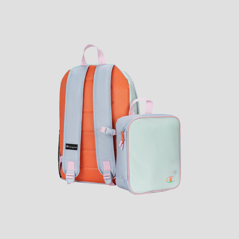 The Champion Kids’ Mode Lunch Kit & Backpack Combo features a pastel blue and orange backpack with pink straps, paired with a coordinating light blue insulated lunch box. Both items showcase simple, modern designs and are displayed against a plain white background.