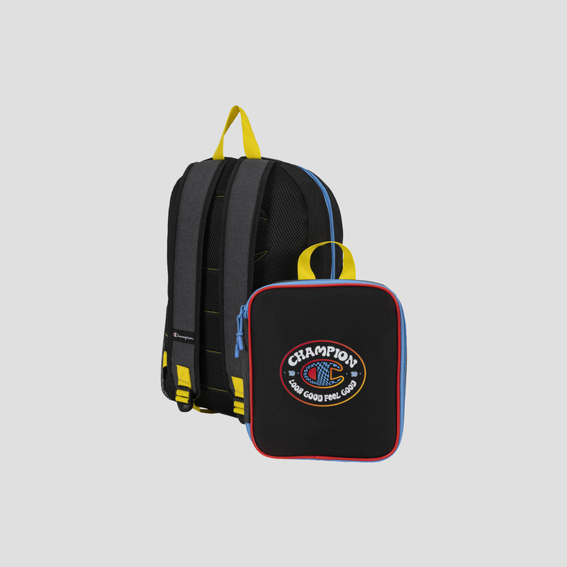 The Champion Kids’ Mode Lunch Kit & Backpack Combo includes a black and gray athletic backpack with yellow straps, paired with a matching black insulated lunch box that features the Champion logo, blue zipper, and red trim. Both items are displayed on a light gray background.