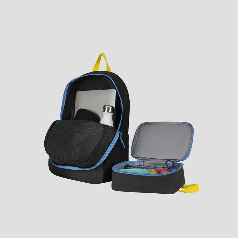 The Champion Kids’ Mode Lunch Kit & Backpack Combo is shown open in black and blue with a yellow handle, displaying a laptop, water bottle, and notebook inside the backpack. Next to it sits the matching insulated lunch box holding a sandwich and fruit.