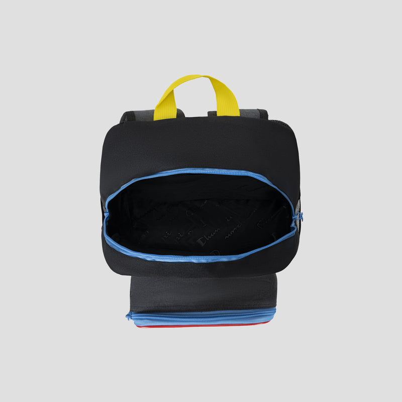 A black Champion Kids’ Mode Lunch Kit & Backpack Combo, featuring yellow handles and a blue zipper, is shown open and empty against a plain gray background.