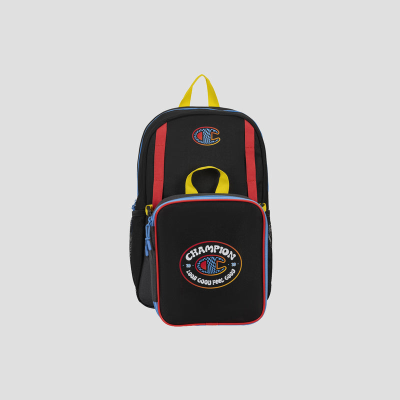 Introducing the Champion Kids’ Mode Lunch Kit & Backpack Combo—a stylish black backpack for youth, featuring red accents, a yellow handle, a blue zipper, and a convenient front pocket adorned with the Champion logo and the phrase “LOOK GOOD, FEEL GOOD.” This athletic backpack set is perfect for school or sports activities.