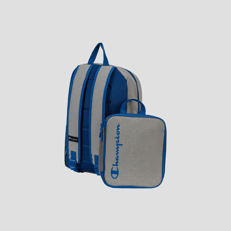 A gray and blue Champion Kids’ Mode Lunch Kit & Backpack Combo is displayed, featuring a matching insulated lunch box attached to the backpack. The lunch box has “Champion” written in blue script on the front. Set against a plain light gray background, this athletic backpack combo is ideal for school or sports activities.