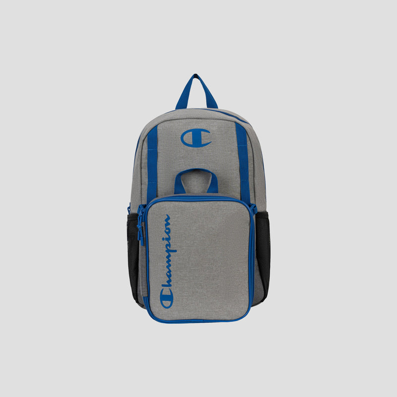 A gray Champion Kids’ Mode Lunch Kit & Backpack Combo with blue accents, a spacious front pocket showcasing the blue Champion logo, and black side mesh pockets—ideal as an athletic backpack for kids—is displayed against a plain light gray background.
