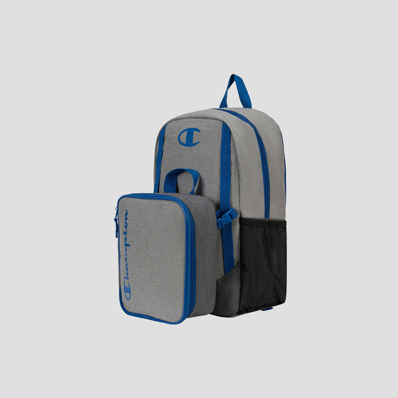 Kids’ Mode Lunch Kit & Backpack Combo by Champion in gray with blue accents, featuring a front zippered insulated lunch kit attachment, side mesh pocket, and top handle, shown against a plain light gray background.