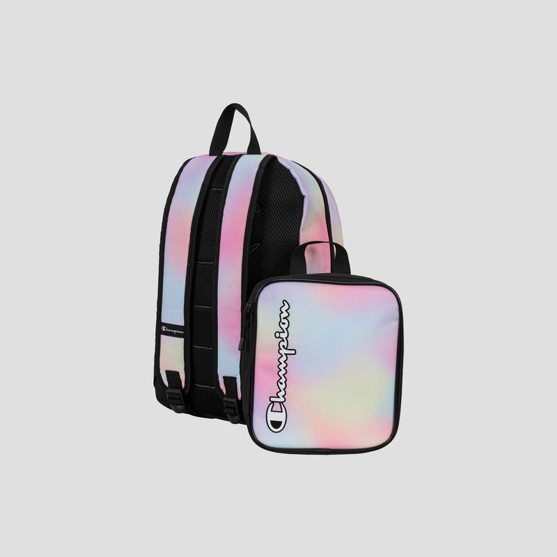 A Champion Kids’ Mode Lunch Kit & Backpack Combo, featuring a pastel tie-dye design with black straps and both items prominently displaying the Champion logo, is set against a plain gray background.