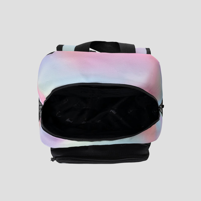 Top view of an open Champion Kids’ Mode Lunch Kit & Backpack Combo with a pastel tie-dye design and black handles, showing the empty black interior against a light gray background.