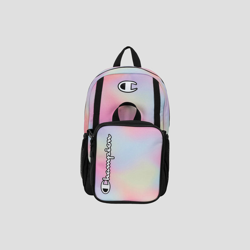 Introducing the Champion Kids’ Mode Lunch Kit & Backpack Combo, designed with a pastel tie-dye pattern and featuring the iconic Champion logo on both the front pocket and upper section. Perfect for young athletes, this combo includes a backpack equipped with black side pockets and a black handle.