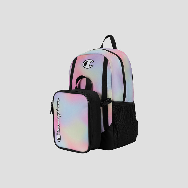 The Champion Kids’ Mode Lunch Kit & Backpack Combo features a pastel tie-dye backpack with black trim and a matching detachable insulated lunch box, both showcasing the white Champion logo, displayed against a plain light gray background.