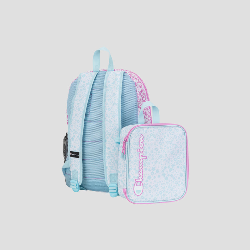 A pastel blue and pink Champion Kids’ Mode Lunch Kit & Backpack Combo, featuring a matching insulated lunch box attached. Both showcase a light blue floral pattern, with the Champion logo in pink on the lunch box.