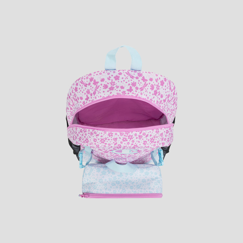 Introducing the Champion Kids’ Mode Lunch Kit & Backpack Combo—a pink and white floral youth backpack featuring a light blue handle. Shown open from above, it reveals a coordinated pink interior and an attached matching zippered pouch at the bottom—perfect for carrying your essentials in Champion style.