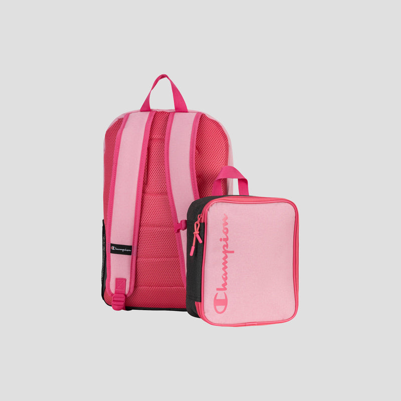 A pink Champion Kids’ Mode Lunch Kit & Backpack Combo, featuring the brand logo on both pieces and displayed against a light gray background.