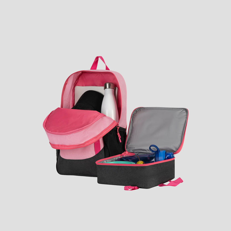 A Champion Kids’ Mode Lunch Kit & Backpack Combo in pink and black, featuring an open front pocket on the backpack, is displayed next to its matching insulated lunch box—which contains a blue water bottle and utensils—set against a light gray background.