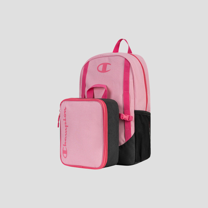 A vibrant pink Kids’ Mode Lunch Kit & Backpack Combo by Champion is displayed against a plain gray background, featuring the Champion logo on both the backpack and the matching pink-and-black insulated lunch box attached to the front. This stylish combo is perfect for school and on-the-go adventures.