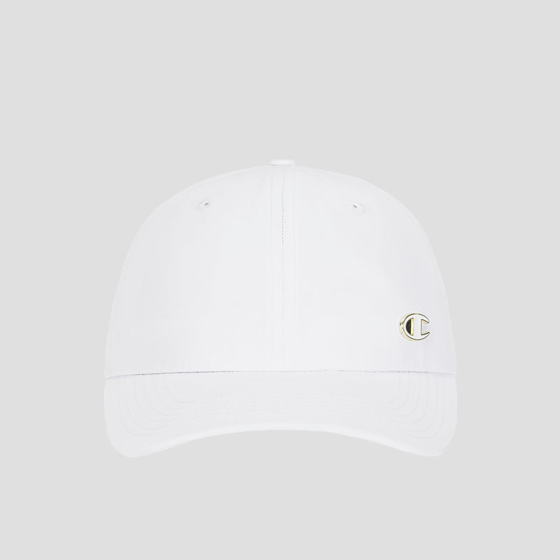 The Champion Lifestyle Sport Adjustable Cap is a white women’s performance hat featuring a small, gold-outlined C logo on the front left side. Displayed against a plain light gray background, this stylish and comfortable cap is perfect for any athletic activity.