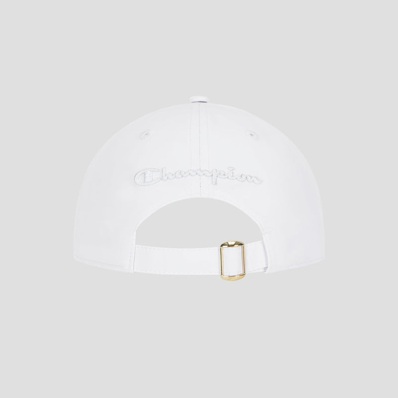A back view of the Champion Lifestyle Sport Adjustable Cap in white, showcasing an adjustable strap with a gold buckle and the Champion logo embroidered above the opening in white thread.