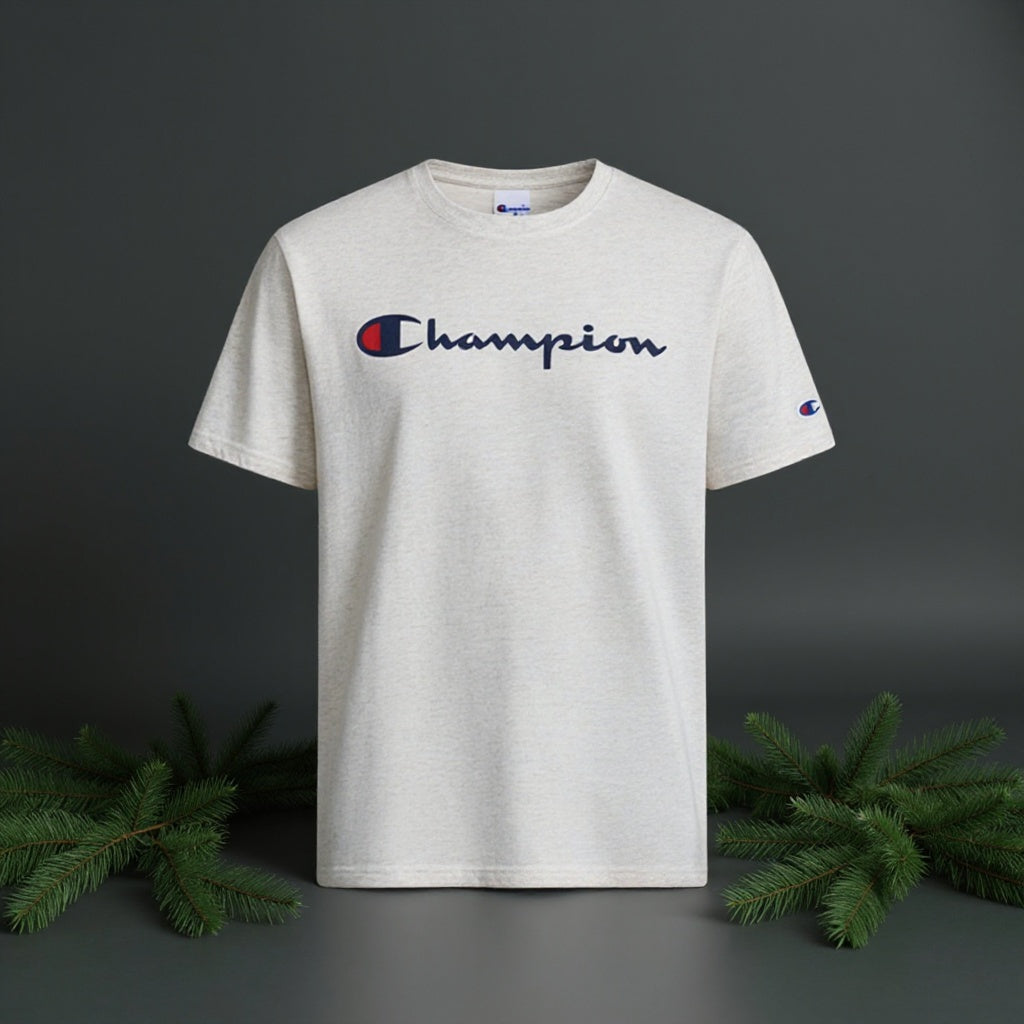 White t-shirt with Champion logo on a dark background