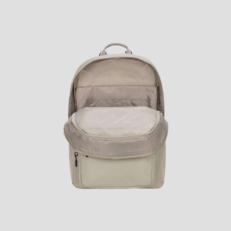 A beige Champion Level Backpack with its main compartment unzipped reveals a spacious, light-colored interior complete with a small pocket and a padded laptop sleeve—ideal for your everyday essentials—as well as a handy front zippered pocket.