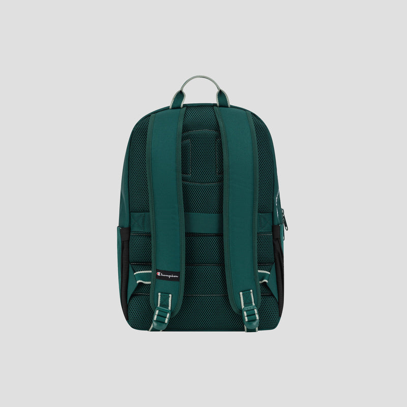 A Champion Level Backpack in green is displayed from the back against a plain light gray background, highlighting its padded shoulder straps, top handle, smart compartments, and mesh back padding.