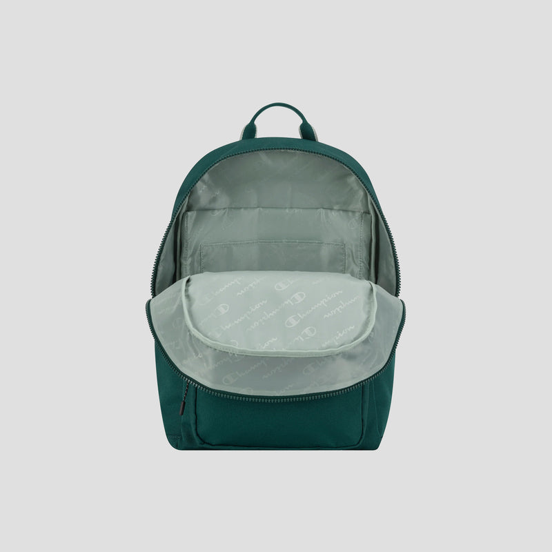 The Champion Level Backpack in vibrant green stands upright against a plain gray background, its main compartment unzipped to reveal a light gray interior with a patterned inner flap and multiple smart compartments. Combining durability with style, the Level Backpack is perfect for everyday use.