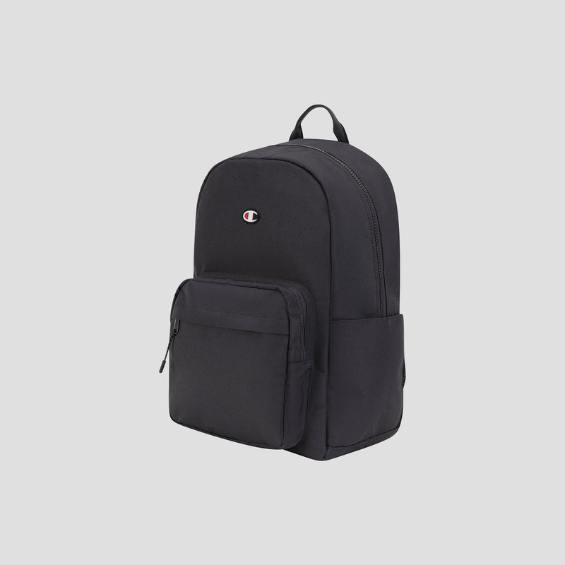 A Champion Level Backpack in black, featuring a front zip pocket, side pocket, and top handle for daily use, is shown against a plain light gray background.
