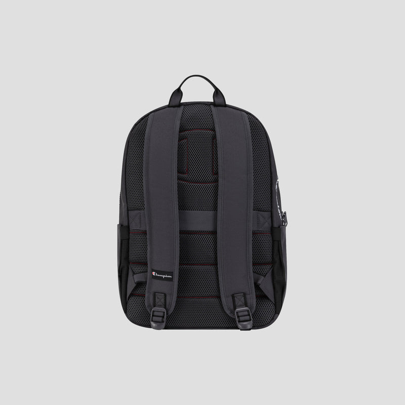 The Champion Level Backpack is pictured from the back, displaying padded shoulder straps, breathable mesh padding, a convenient top handle, and a subtle Champion logo near the base. With its sturdy construction and streamlined modern design, this everyday carry backpack is built for daily use. The background is light gray.