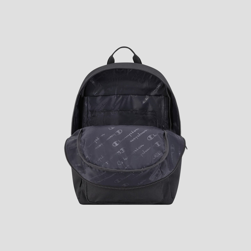 Champion Level Backpack in black with the main compartment open, revealing a roomy interior lined with a signature Champion logo pattern and multiple inner pockets—ideal for daily use. This sturdy Level Backpack by Champion is displayed on a simple light gray background.