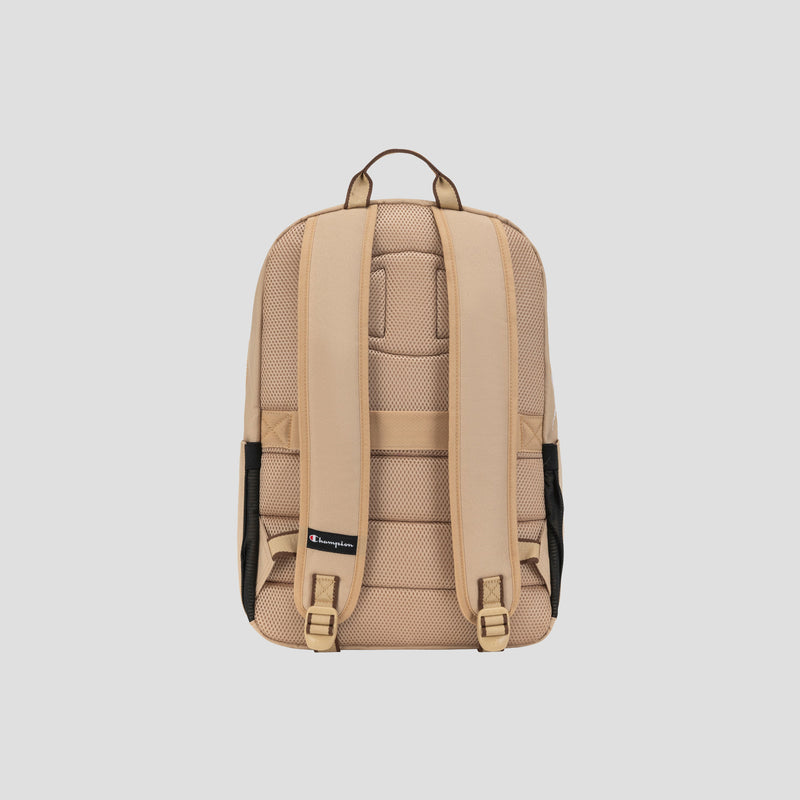 A tan Level Backpack by Champion is displayed from the back, highlighting its padded shoulder straps, top handle, convenient smart compartments, and mesh side pockets for added functionality.