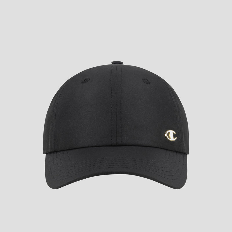 A black Champion Lifestyle Sport Adjustable Baseball Cap featuring a small metallic C logo on the front and an adjustable fit, photographed against a plain light gray background.