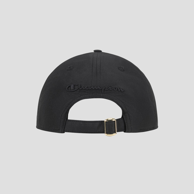Lifestyle Sport Adjustable Baseball Cap by Champion, shown from the back with “Champion” embroidered above an adjustable strap and gold buckle for a customizable fit, displayed against a plain light gray background.