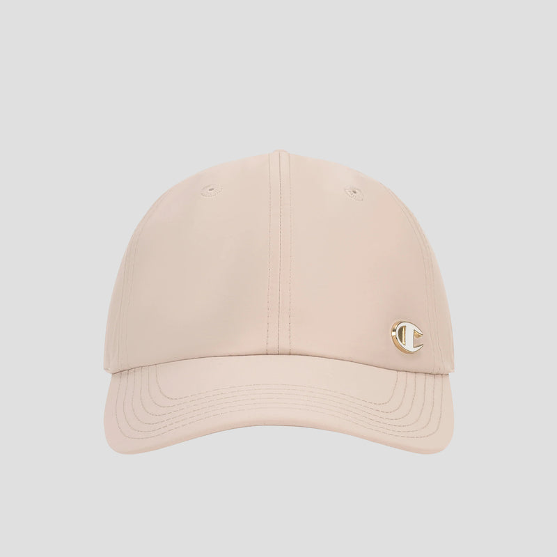 The Champion Lifestyle Sport Adjustable Baseball Cap in beige features visible stitching and a small metallic logo on the front left panel, showcasing athletic heritage and offering an adjustable fit, displayed against a plain light background.