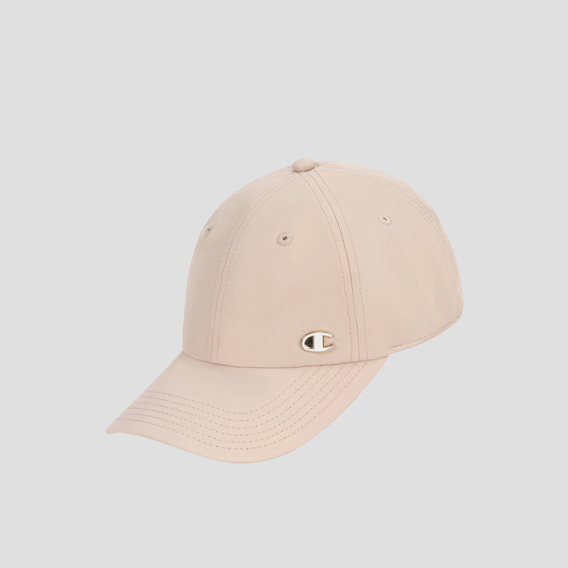 A beige Champion Lifestyle Sport Adjustable Baseball Cap featuring prominent stitching and a small metallic C logo on the front, highlighting its athletic heritage, is displayed against a plain light background.
