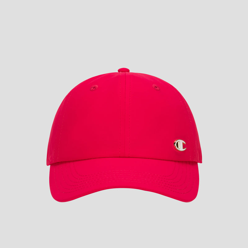The Champion Lifestyle Sport Adjustable Baseball Cap is featured in bright pink with a curved brim, visible stitching, and a small metallic “C” logo on the front right side. Designed for an adjustable fit and enduring comfort with an athletic flair, it’s showcased against a plain light gray background.