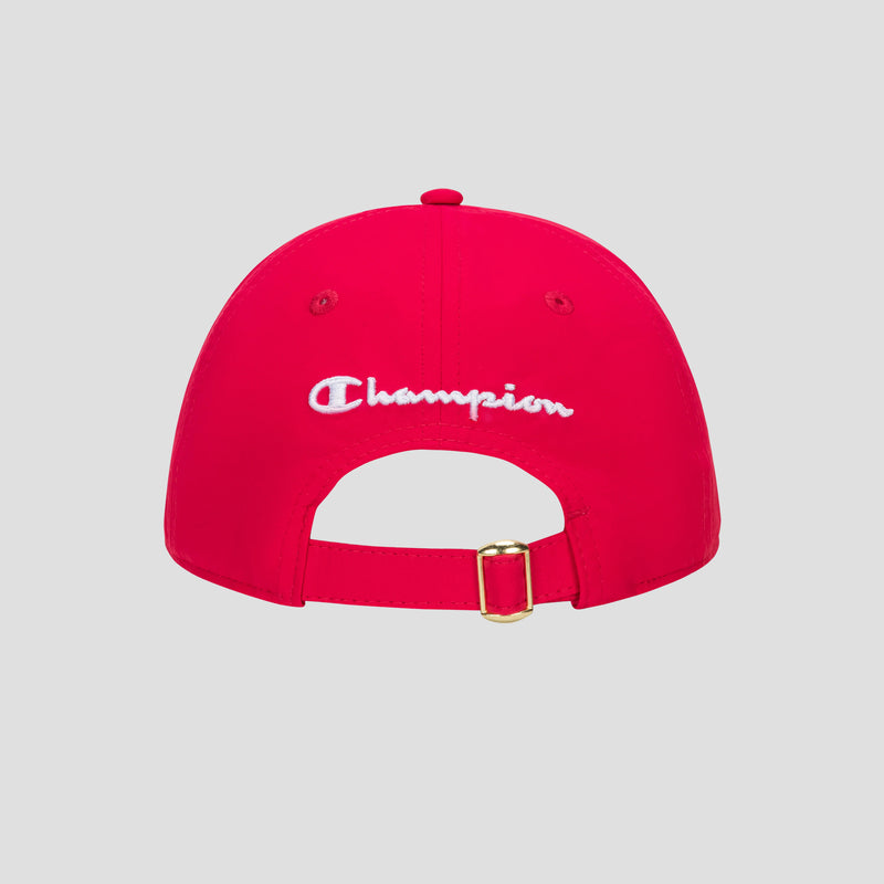A rear view of the Lifestyle Sport Adjustable Baseball Cap by Champion in red, showcasing an adjustable fit with a gold buckle and the Champion name embroidered in white, capturing its signature athletic heritage.