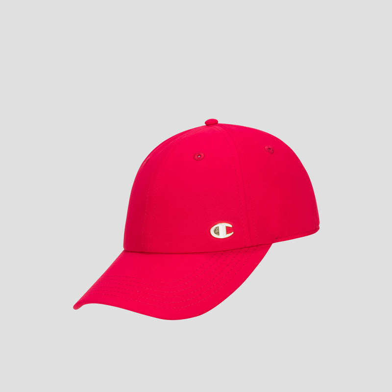 Showcasing athletic heritage, the Champion Lifestyle Sport Adjustable Baseball Cap features a vibrant pink design with a curved brim and a small gold and white Champion C logo on the front. Set against a light gray background, this cap offers an adjustable fit for comfort on any casual outing.