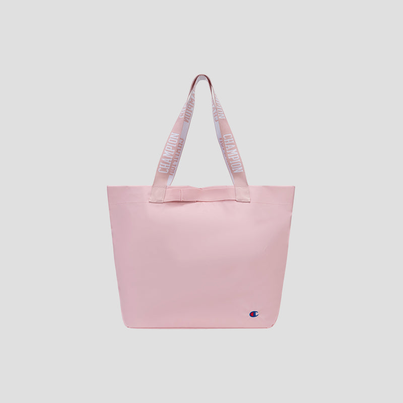 The Champion Miller Coated Shopper Tote is a light pink, weather-resistant bag featuring “CHAMPION” printed on the handles and a small Champion logo at the bottom right corner. Displayed against a plain white background, this spacious tote provides ample room for your essentials while keeping them protected from the elements.