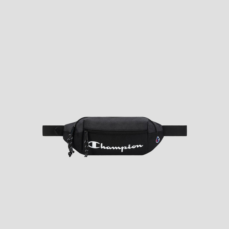 A black Champion Monitor Waist Pack featuring a white logo, front zipper pocket, and an adjustable strap, displayed on a plain light gray background.