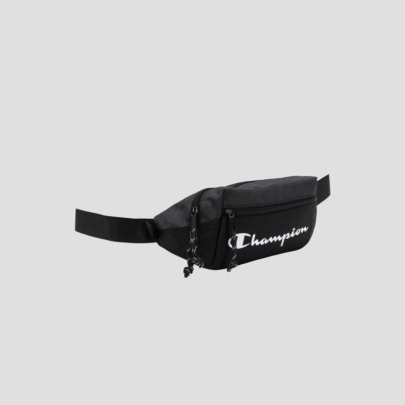 A black Champion Monitor Waist Pack featuring two zippered compartments and an adjustable strap, displayed on a plain gray background.