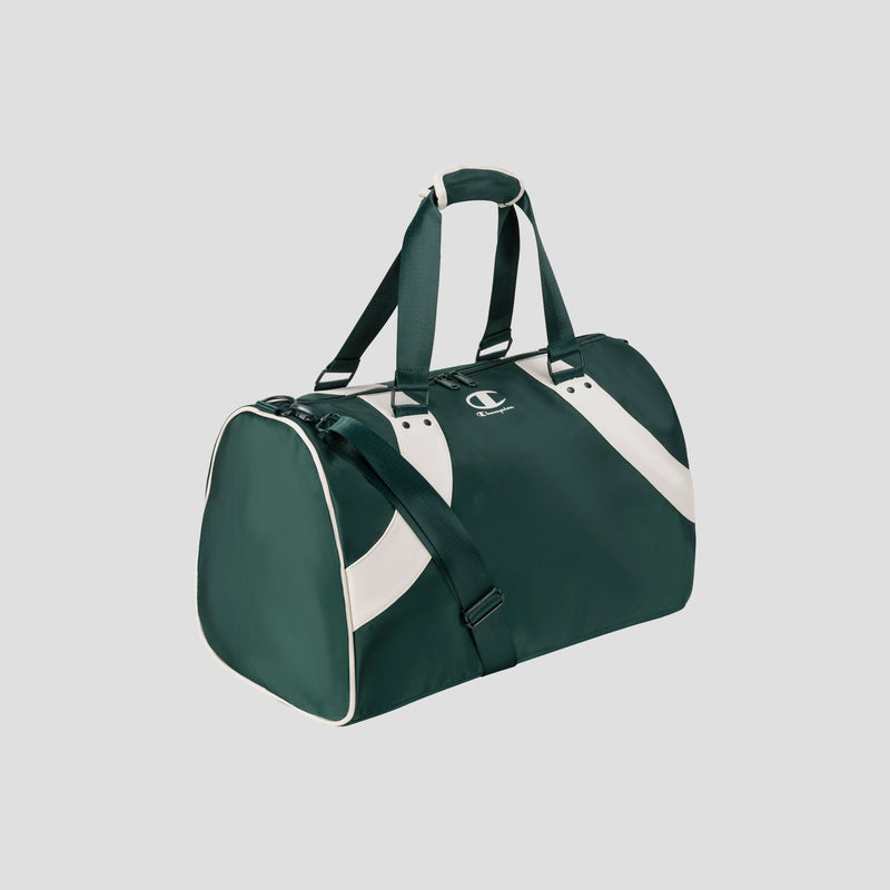 An Oracle Duffel Bag by Champion in green with white accents, featuring two black handles and an adjustable shoulder strap, shown against a plain light background.