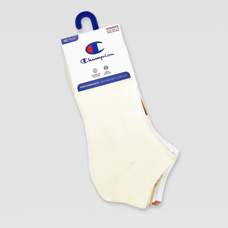 A 10-pack of Champion Lightweight Low Cut women’s socks in white, with moisture-wicking fabric, shown in packaging on a light gray background.