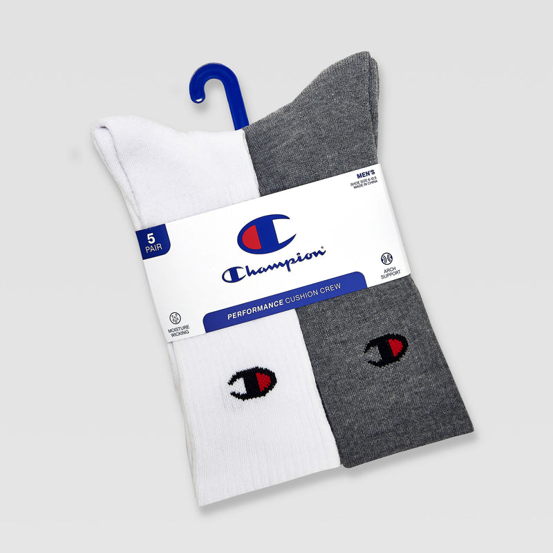 The Champion 5Pk Mens Cushion Crew includes three gray and two white moisture-wicking socks with cushioned support, shown in branded packaging with a blue hanger for storage.