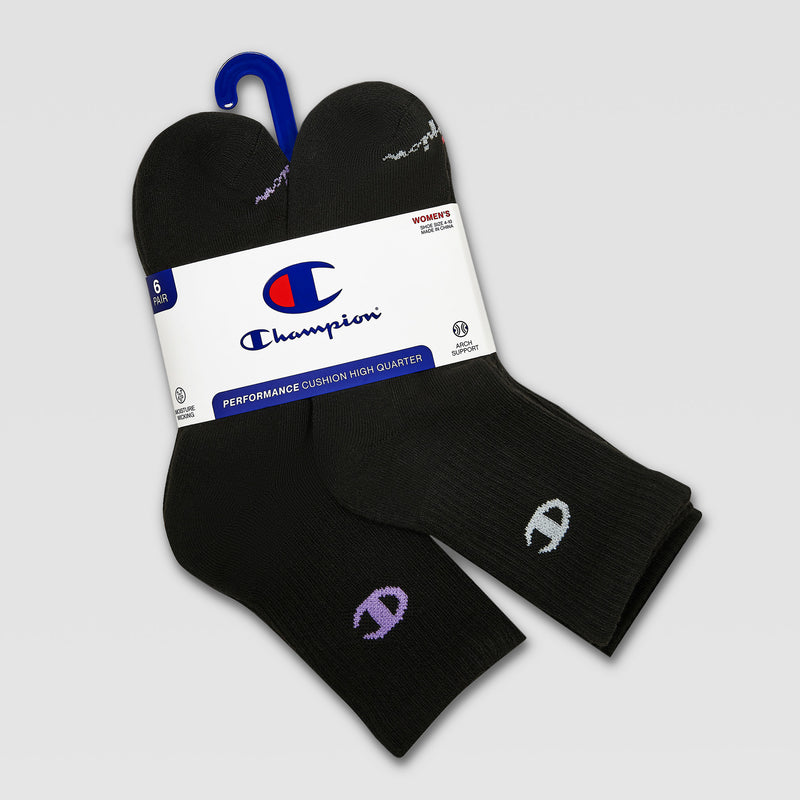 The Champion 6Pk Womens Cushion High Quarter socks come in black with colorful logos near the toe, offer arch support, and are packaged in white with a blue hanger.