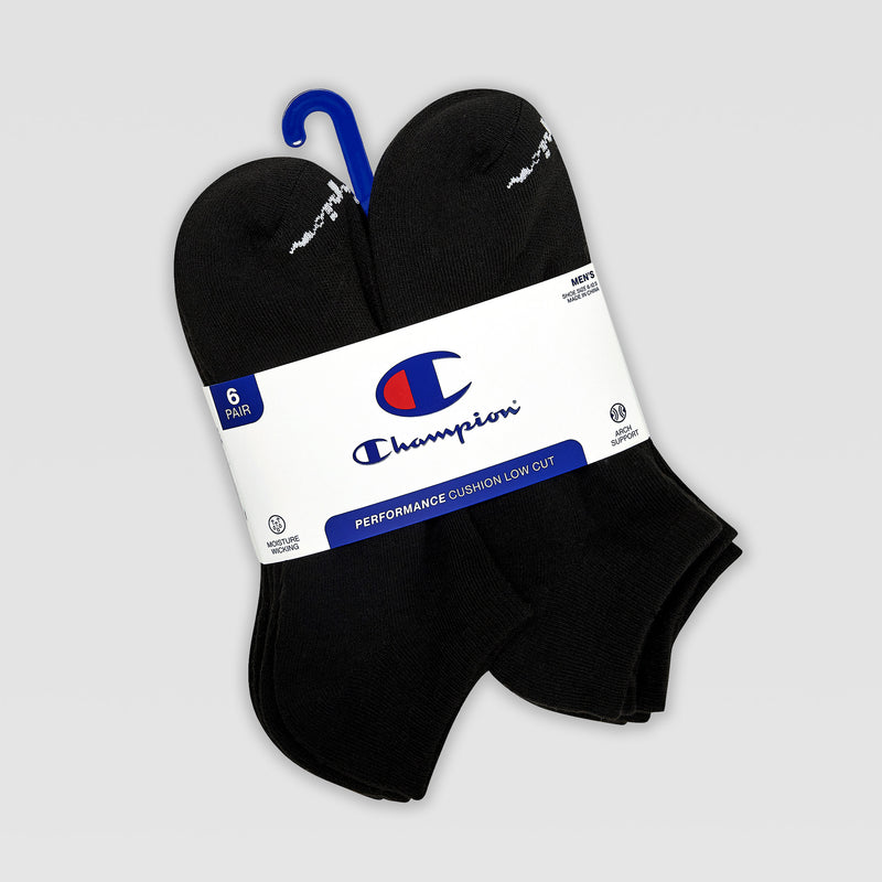 A six-pack of Champion 6Pk Mens Cushion Low Cut socks offers cushioned comfort and comes with a white label featuring the Champion logo, all secured by a blue plastic hook.