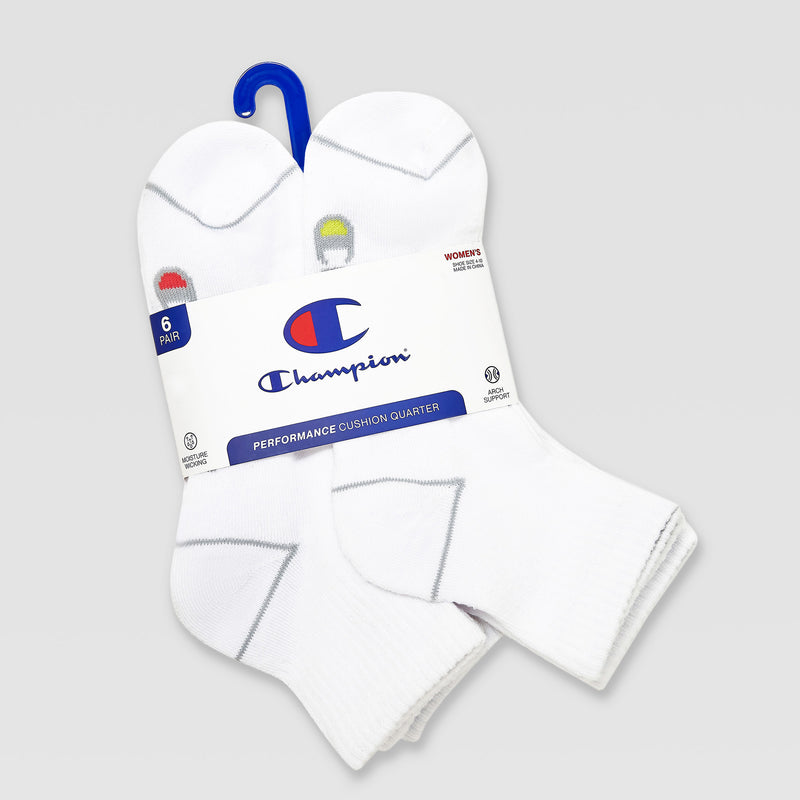 A six-pack of Champion 6Pk Womens Cushion Quarter socks is neatly folded with a blue plastic hook and branded packaging showing the Champion logo and product details.