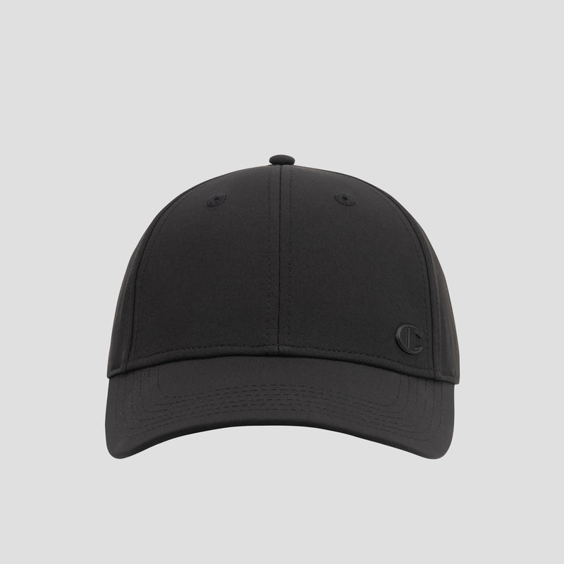 A sleek black Ponytail Baseball Cap by Champion, featuring minimal stitching and a small embossed logo on the front left side. Made from performance stretch fabric, this stylish cap delivers both comfort and flexibility. Set against a light gray background.