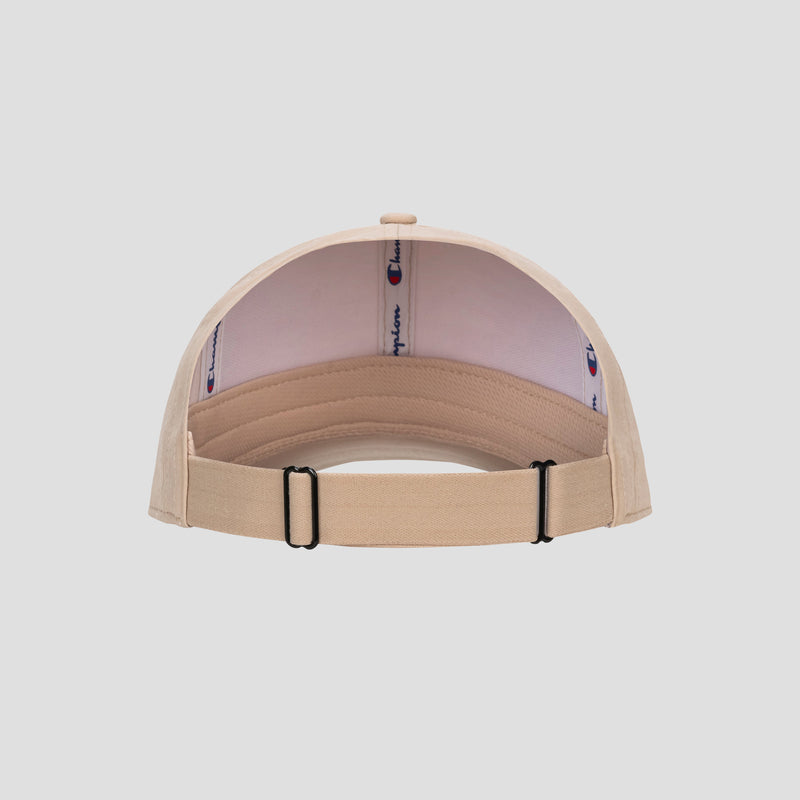 Beige Champion Ponytail Baseball Cap shown from the back, showcasing an adjustable strap and branded interior. Made with performance stretch fabric for superior comfort and flexibility.