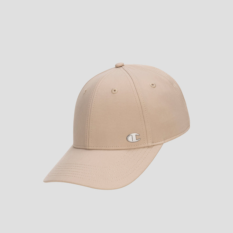 Champion Ponytail Baseball Cap in beige, featuring a curved brim and a small metallic C logo on the front left side, crafted from performance stretch fabric and displayed against a plain light gray background.