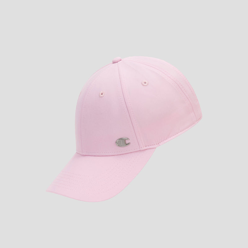 The Champion Ponytail Baseball Cap is shown on a plain light gray background, featuring a light pink hue, a curved brim, and a small silver C emblem on the front. Crafted from performance stretch fabric, this cap offers all-day comfort and adaptability.